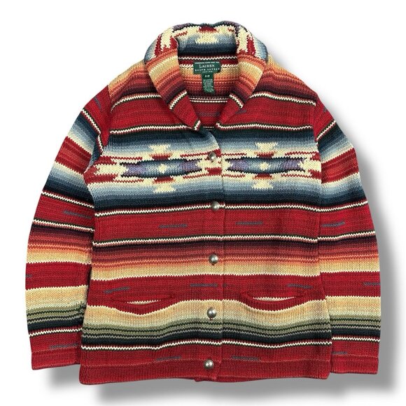 Lauren Ralph Lauren Aztec Southwestern Cardigan Shawl Collar Sweater P/P Petite - Picture 1 of 10